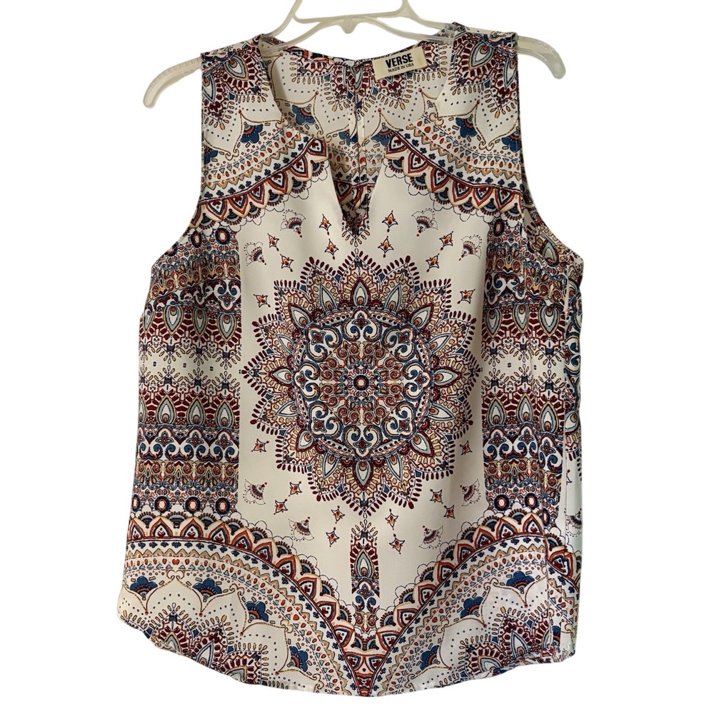 NWOT Verse Sleeveless Boho Blouse Mandala Print Size M Blue Red Off-White Casual
